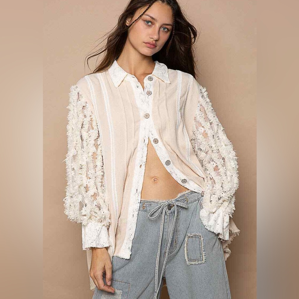 POL Oversized Lace Balloon Sleeve Blouse